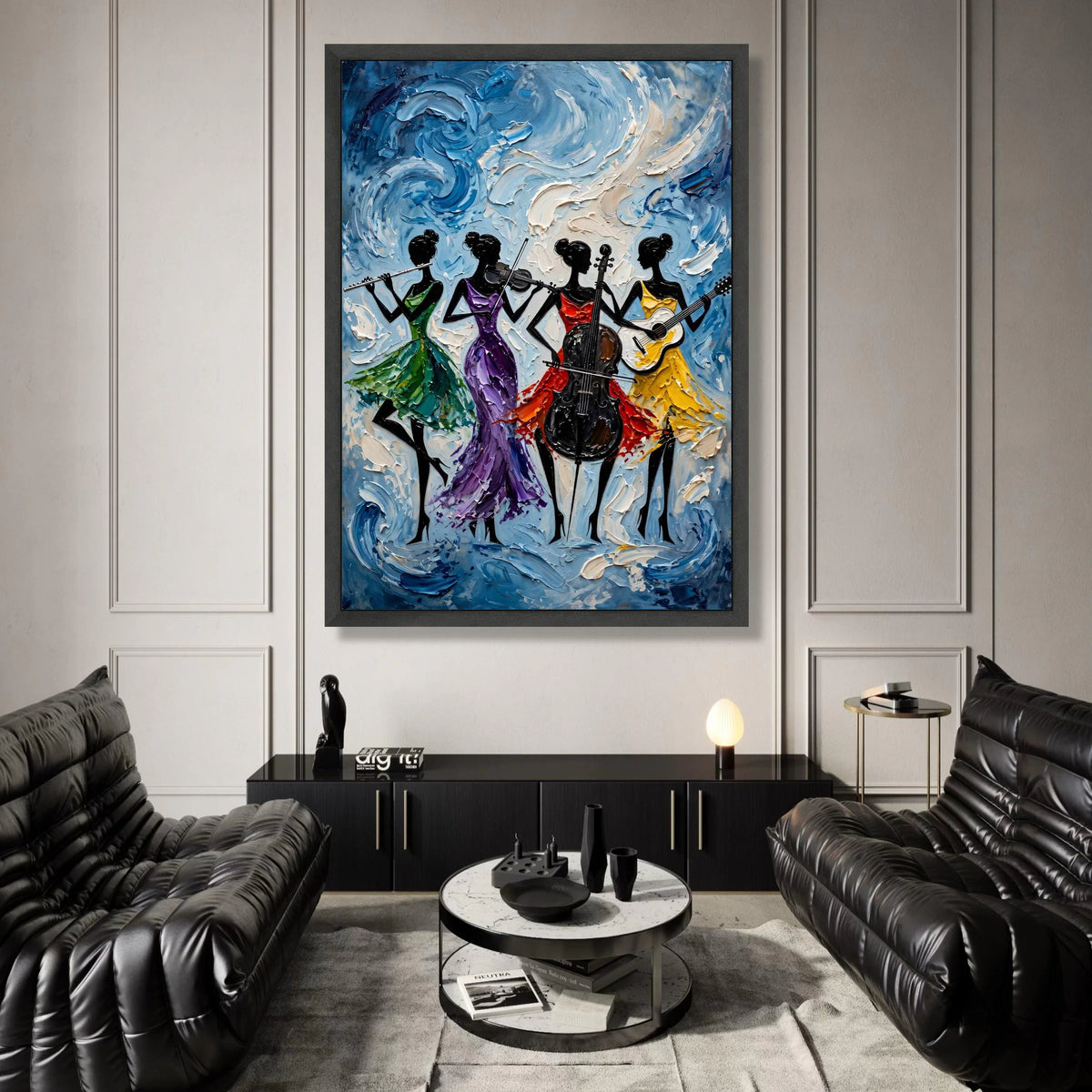 Elegant Female Quartet Canvas, Musical Instrument Art, Colorful Dress Silhouettes, Abstract Music Wall Decor, Living Room Canvas Print Art