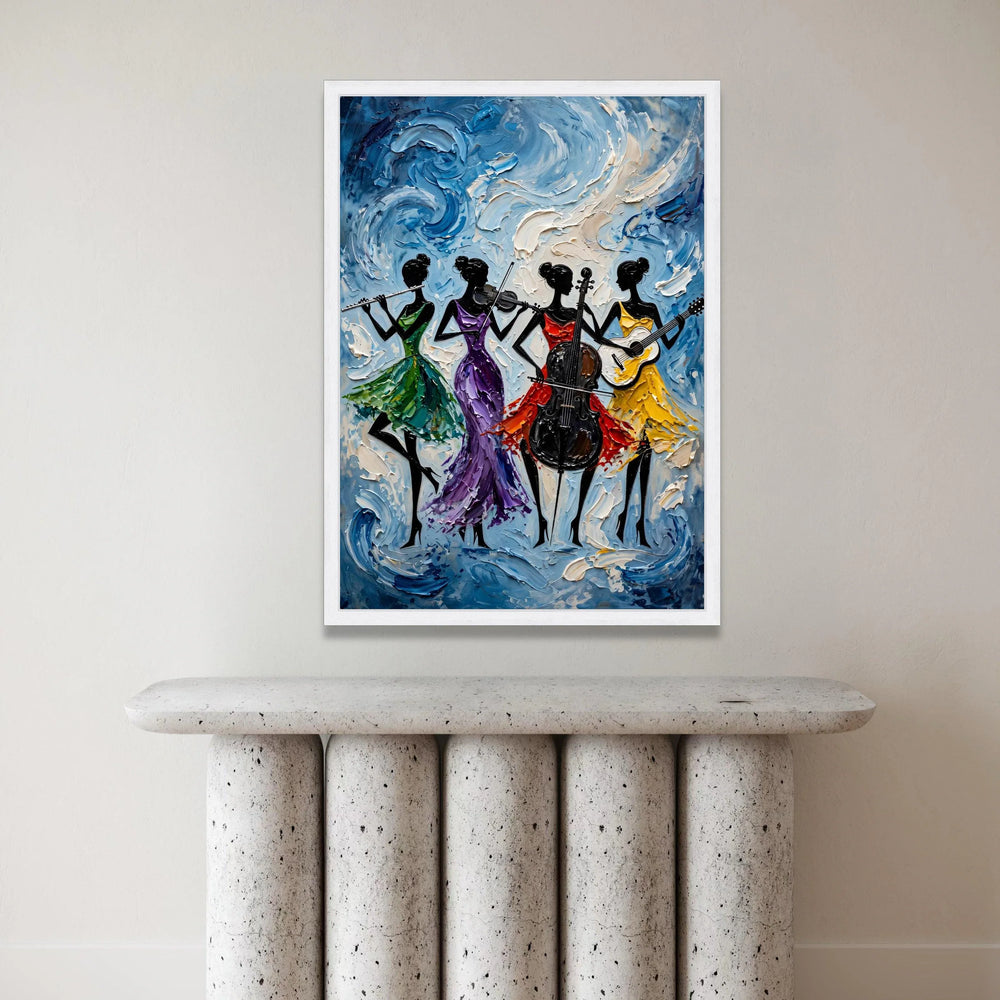 Elegant Female Quartet Canvas, Musical Instrument Art, Colorful Dress Silhouettes, Abstract Music Wall Decor, Living Room Canvas Print Art