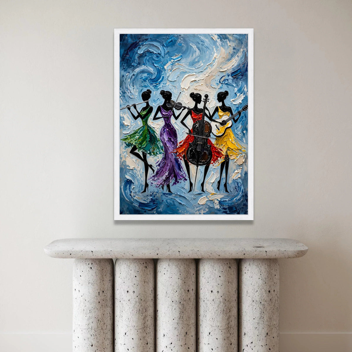Elegant Female Quartet Canvas, Musical Instrument Art, Colorful Dress Silhouettes, Abstract Music Wall Decor, Living Room Canvas Print Art