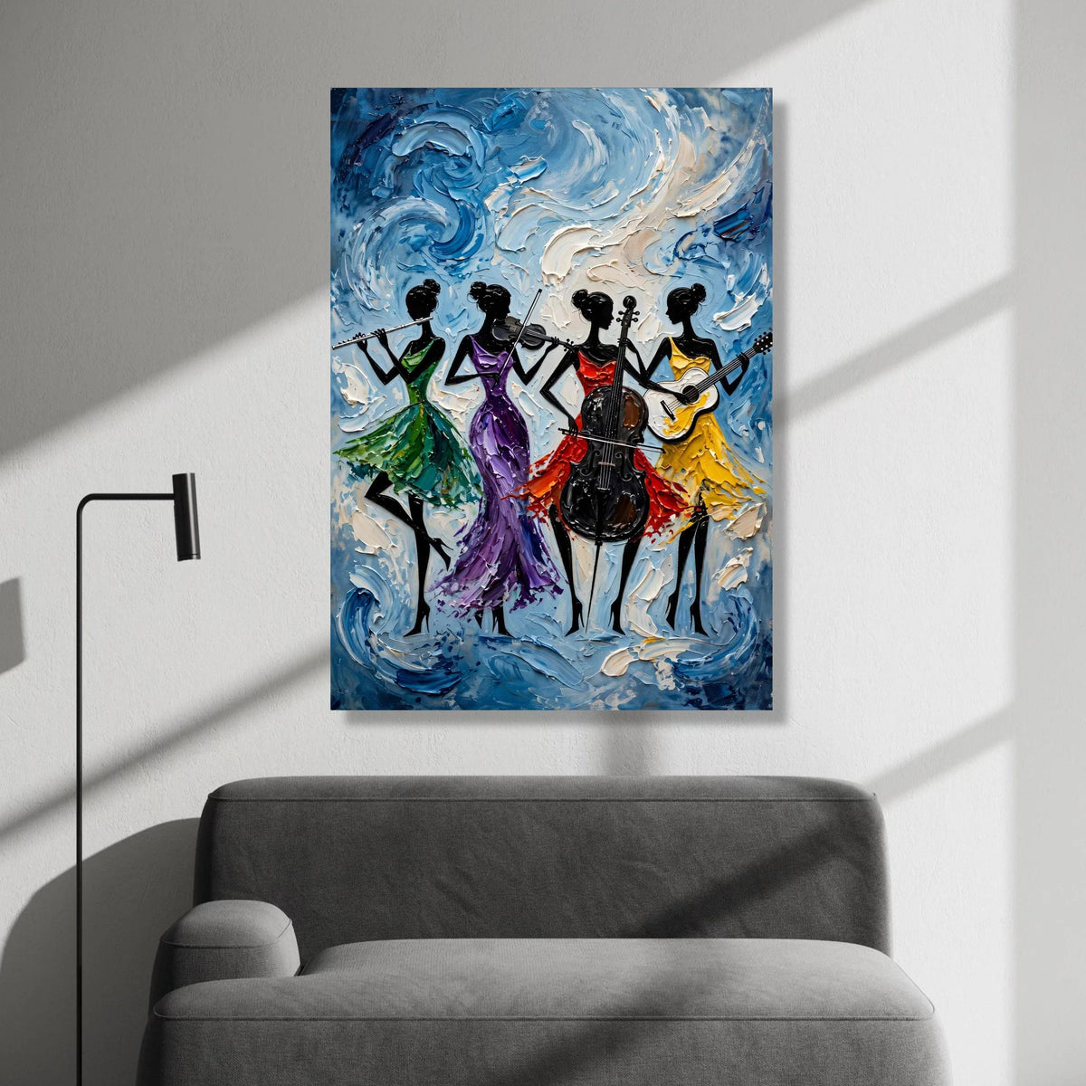 Elegant Female Quartet Canvas, Musical Instrument Art, Colorful Dress Silhouettes, Abstract Music Wall Decor, Living Room Canvas Print Art