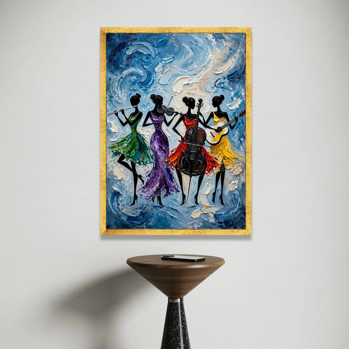 Elegant Female Quartet Canvas, Musical Instrument Art, Colorful Dress Silhouettes, Abstract Music Wall Decor, Living Room Canvas Print Art