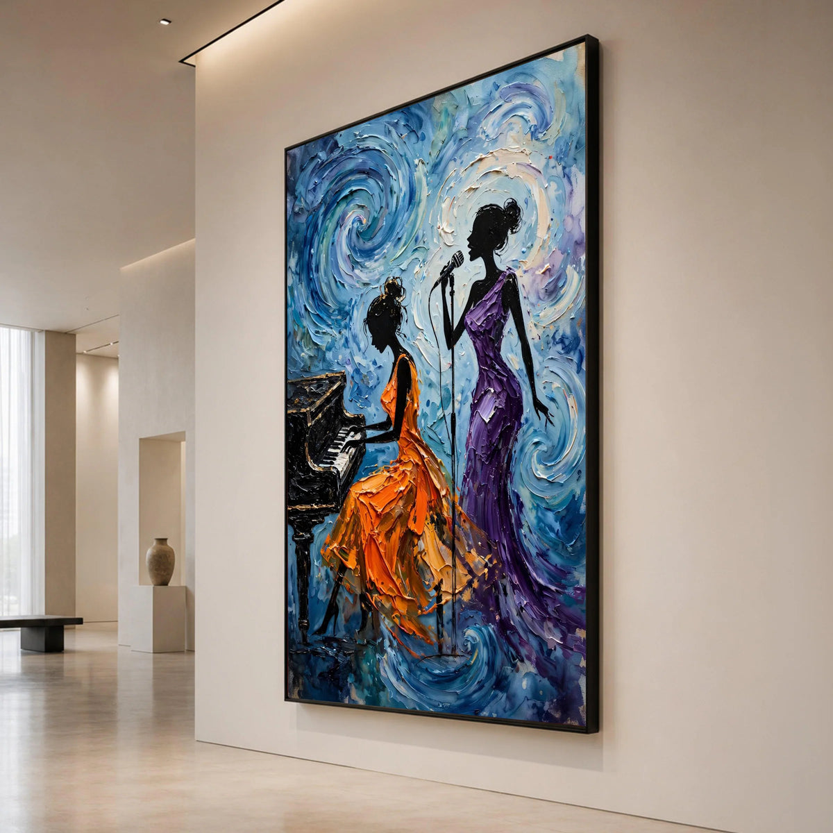 Jazz Night Melody, Woman Singing and Piano Player Canvas, Music Theme Wall Art, Elegant Female Silhouettes, Home Music Room Canvas Print Art