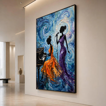 Jazz Night Melody, Woman Singing and Piano Player Canvas, Music Theme Wall Art, Elegant Female Silhouettes, Home Music Room Canvas Print Art