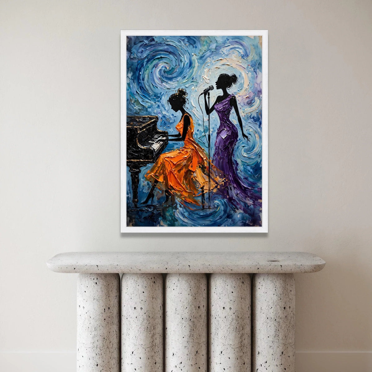 Jazz Night Melody, Woman Singing and Piano Player Canvas, Music Theme Wall Art, Elegant Female Silhouettes, Home Music Room Canvas Print Art