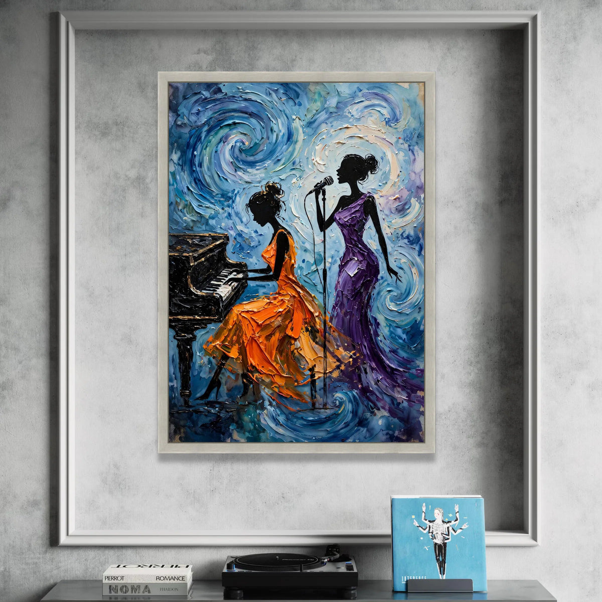 Jazz Night Melody, Woman Singing and Piano Player Canvas, Music Theme Wall Art, Elegant Female Silhouettes, Home Music Room Canvas Print Art
