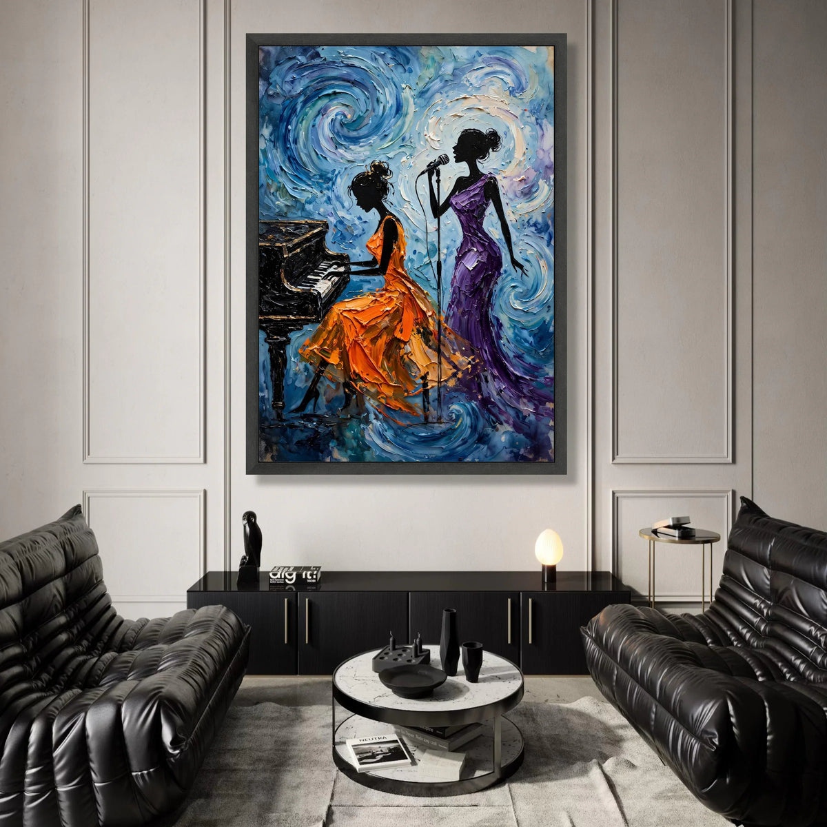 Jazz Night Melody, Woman Singing and Piano Player Canvas, Music Theme Wall Art, Elegant Female Silhouettes, Home Music Room Canvas Print Art