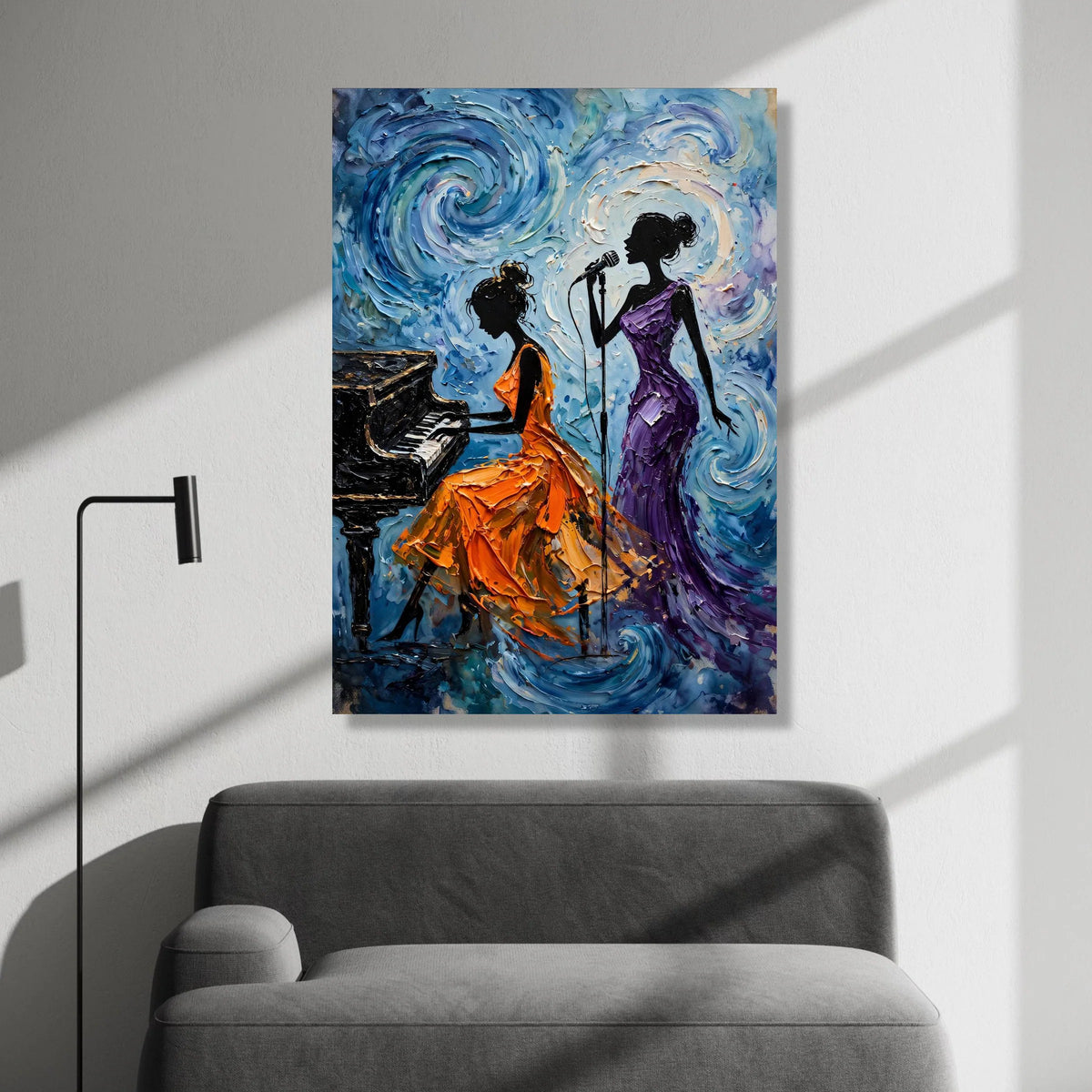 Jazz Night Melody, Woman Singing and Piano Player Canvas, Music Theme Wall Art, Elegant Female Silhouettes, Home Music Room Canvas Print Art