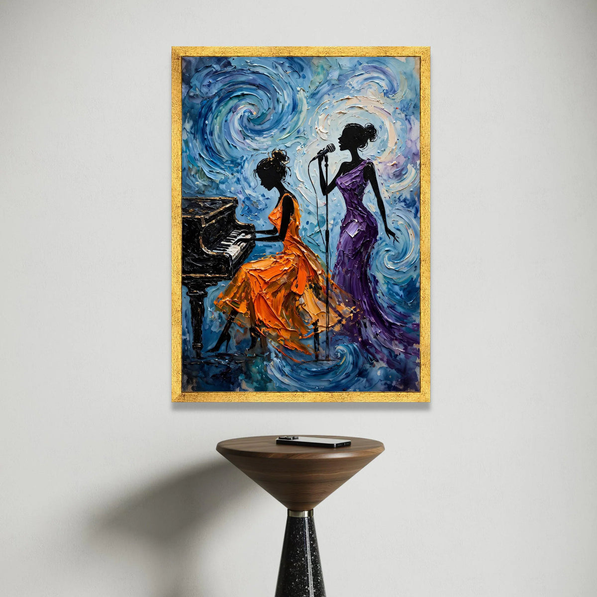 Jazz Night Melody, Woman Singing and Piano Player Canvas, Music Theme Wall Art, Elegant Female Silhouettes, Home Music Room Canvas Print Art