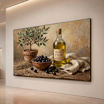 Rustic Olive Tree and Olive Bottle Canvas, Mediterranean Kitchen Wall Art, Country Style Home Decor, Still Life Canvas Canvas Print Art