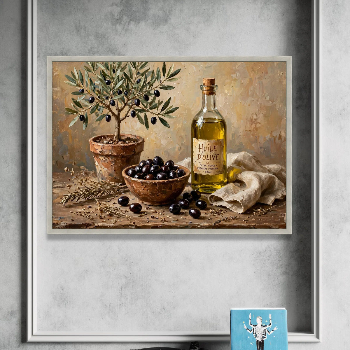 Rustic Olive Tree and Olive Bottle Canvas, Mediterranean Kitchen Wall Art, Country Style Home Decor, Still Life Canvas Canvas Print Art