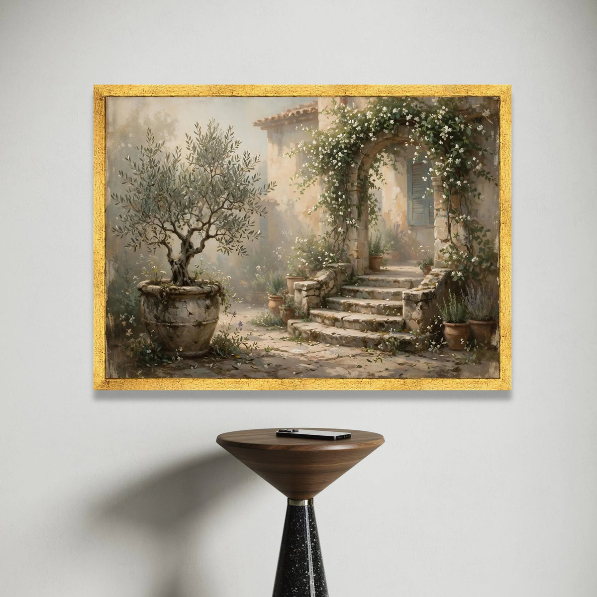 Mediterranean Garden Archway Canvas, Rustic Stone Steps Wall Art, Floral Vine Canvas, Outdoor Courtyard Scene, Home Decor Canvas Print Art
