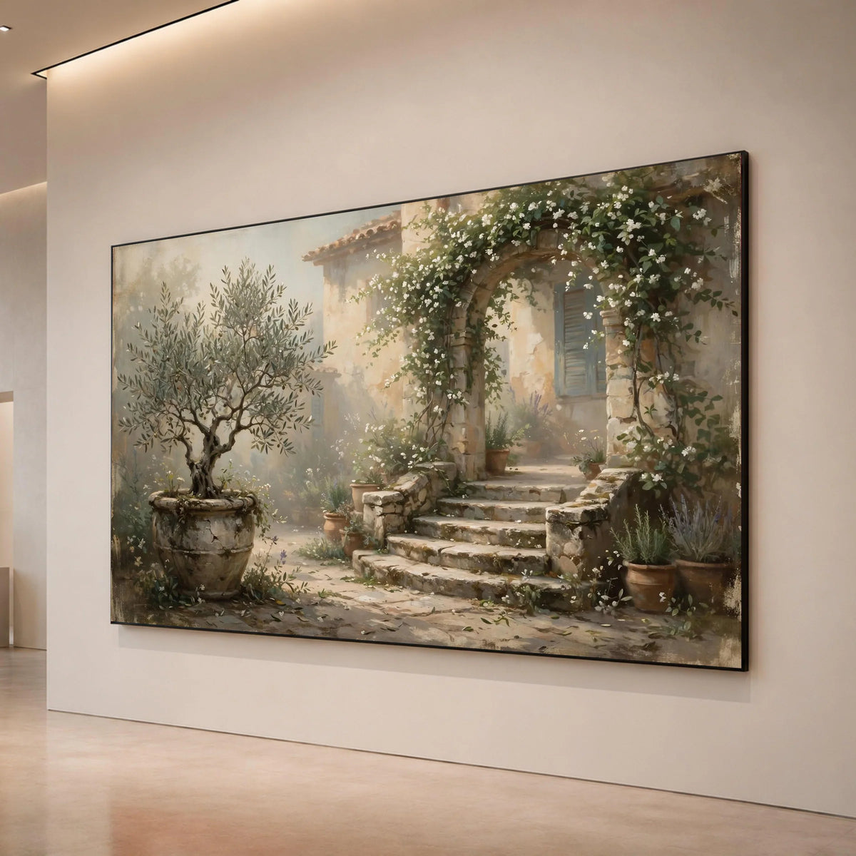 Mediterranean Garden Archway Canvas, Rustic Stone Steps Wall Art, Floral Vine Canvas, Outdoor Courtyard Scene, Home Decor Canvas Print Art