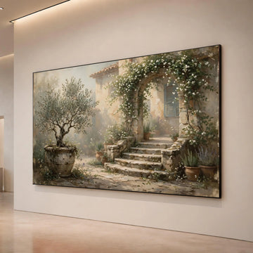 Mediterranean Garden Archway Canvas, Rustic Stone Steps Wall Art, Floral Vine Canvas, Outdoor Courtyard Scene, Home Decor Canvas Print Art
