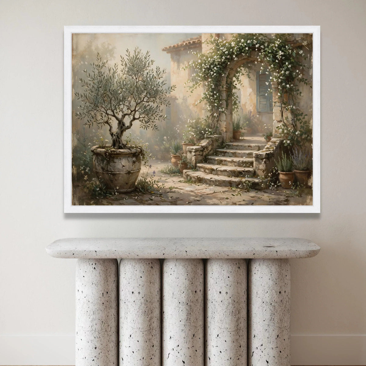 Mediterranean Garden Archway Canvas, Rustic Stone Steps Wall Art, Floral Vine Canvas, Outdoor Courtyard Scene, Home Decor Canvas Print Art