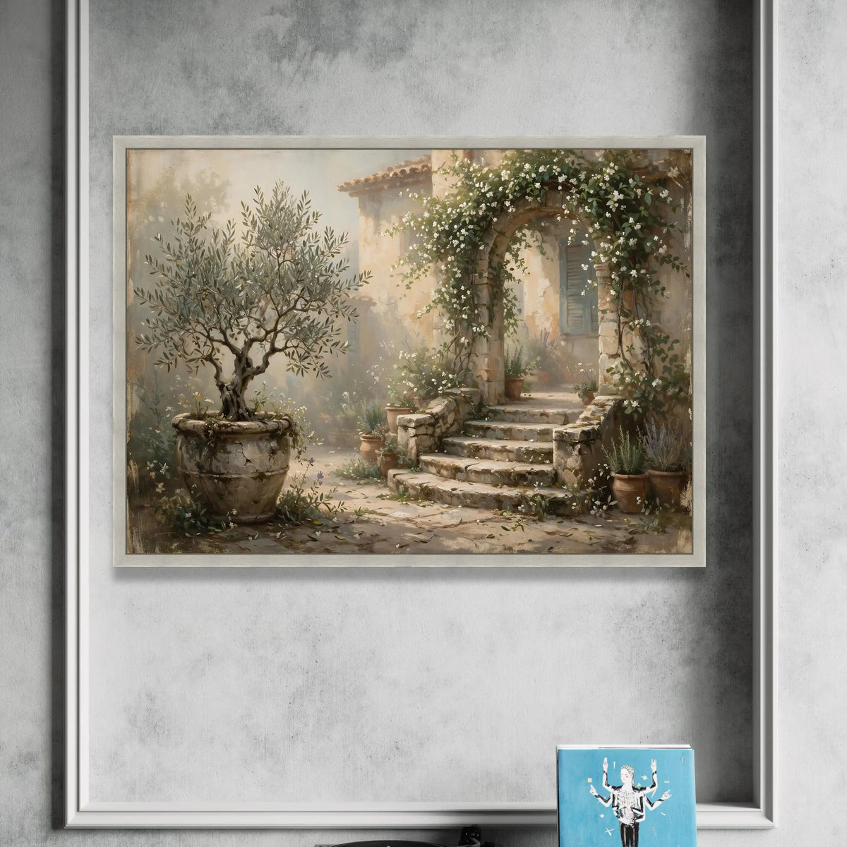 Mediterranean Garden Archway Canvas, Rustic Stone Steps Wall Art, Floral Vine Canvas, Outdoor Courtyard Scene, Home Decor Canvas Print Art