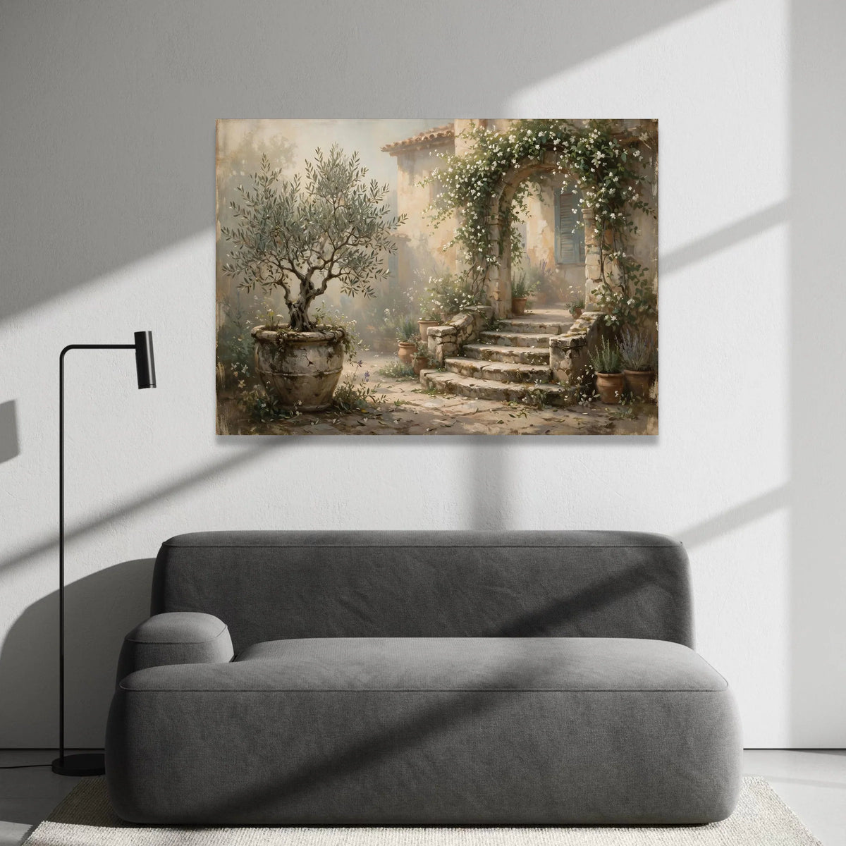 Mediterranean Garden Archway Canvas, Rustic Stone Steps Wall Art, Floral Vine Canvas, Outdoor Courtyard Scene, Home Decor Canvas Print Art