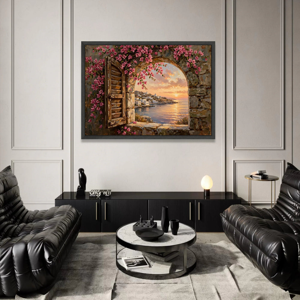 Rustic Window View Canvas, Pink Bougainvillea Wall Art, Mediterranean Seaside Scene, Sunset Landscape Canvas, Coastal Home Canvas Print Art