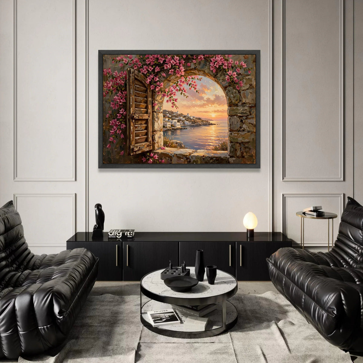 Rustic Window View Canvas, Pink Bougainvillea Wall Art, Mediterranean Seaside Scene, Sunset Landscape Canvas, Coastal Home Canvas Print Art