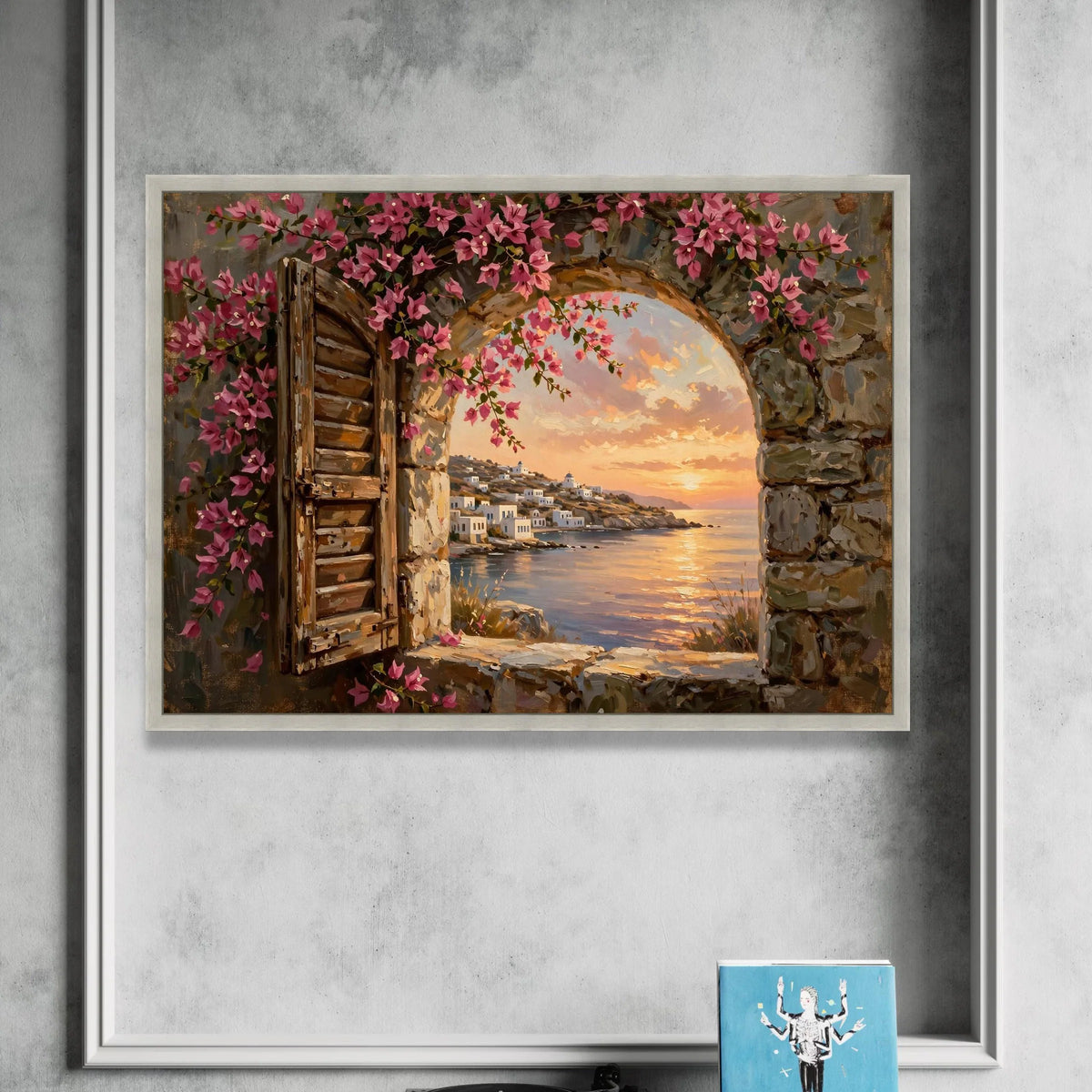 Rustic Window View Canvas, Pink Bougainvillea Wall Art, Mediterranean Seaside Scene, Sunset Landscape Canvas, Coastal Home Canvas Print Art