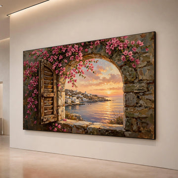 Rustic Window View Canvas, Pink Bougainvillea Wall Art, Mediterranean Seaside Scene, Sunset Landscape Canvas, Coastal Home Canvas Print Art