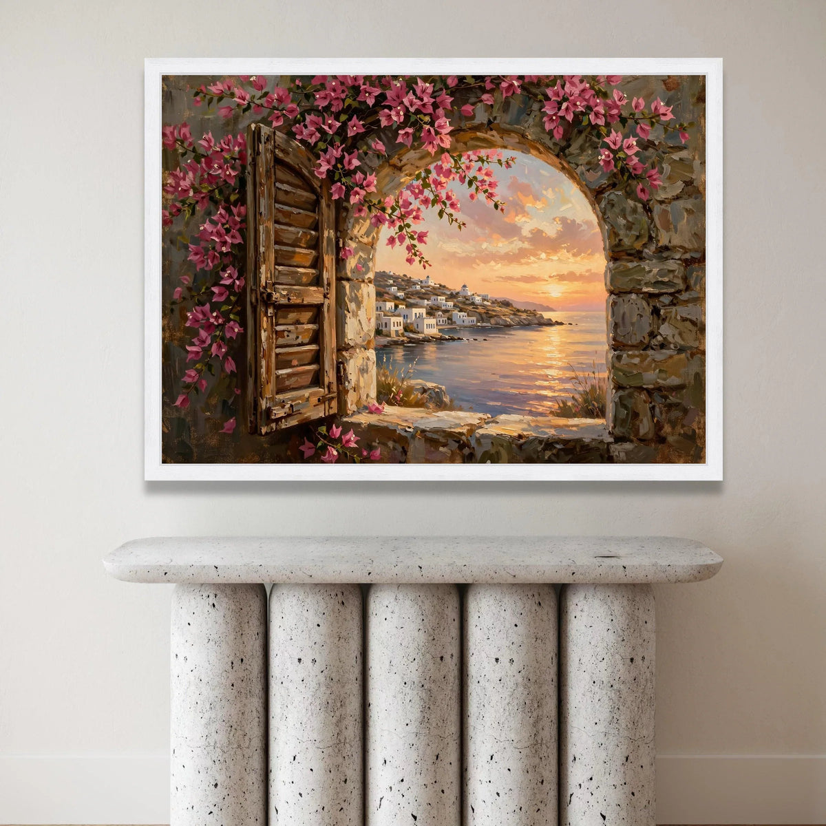 Rustic Window View Canvas, Pink Bougainvillea Wall Art, Mediterranean Seaside Scene, Sunset Landscape Canvas, Coastal Home Canvas Print Art