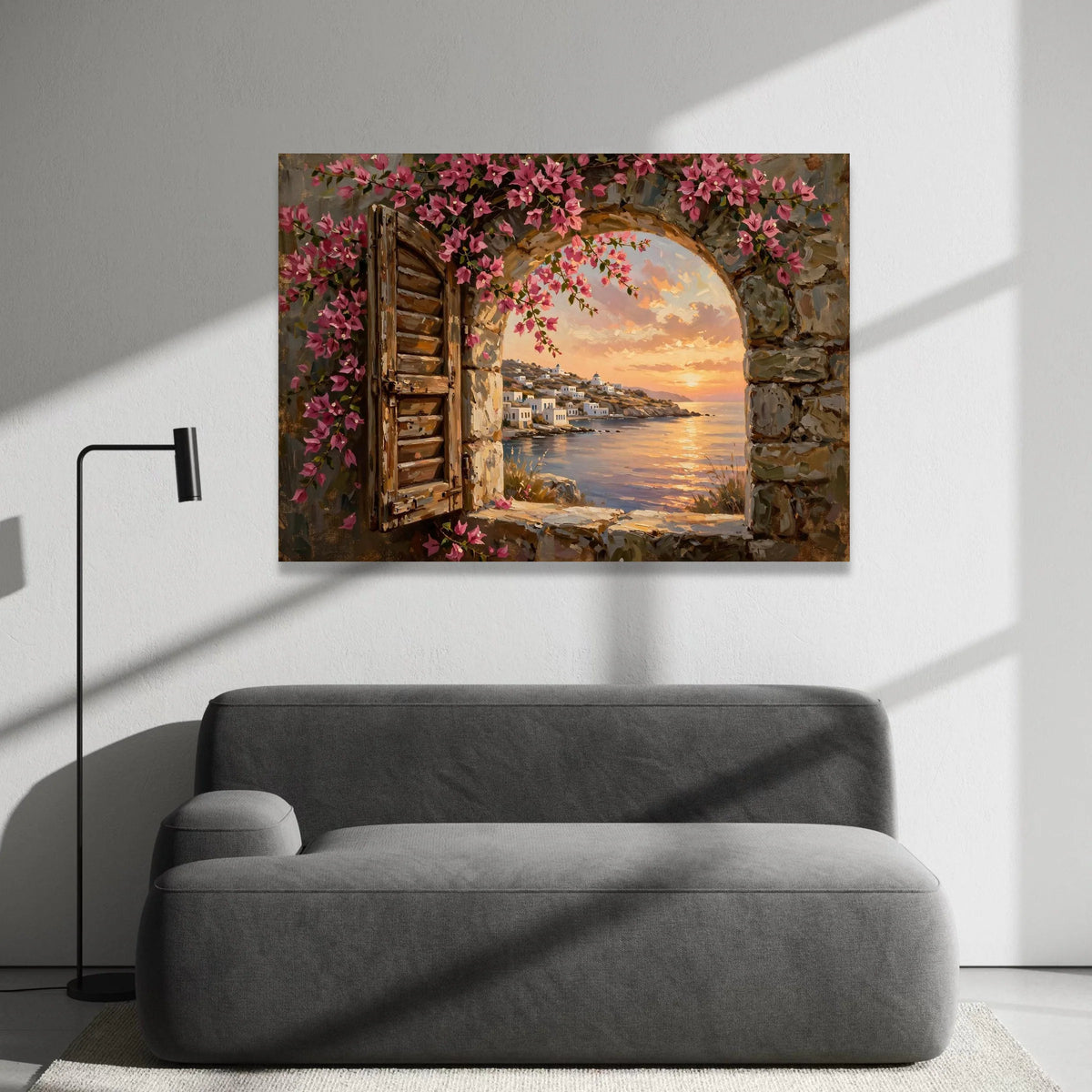 Rustic Window View Canvas, Pink Bougainvillea Wall Art, Mediterranean Seaside Scene, Sunset Landscape Canvas, Coastal Home Canvas Print Art