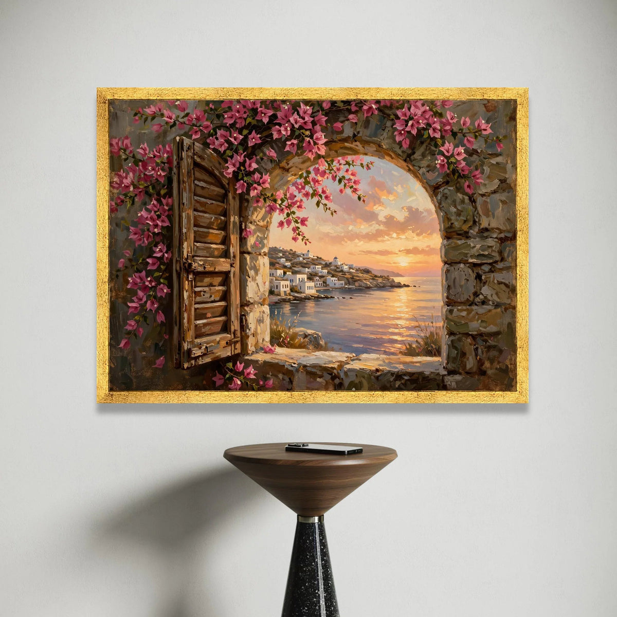 Rustic Window View Canvas, Pink Bougainvillea Wall Art, Mediterranean Seaside Scene, Sunset Landscape Canvas, Coastal Home Canvas Print Art