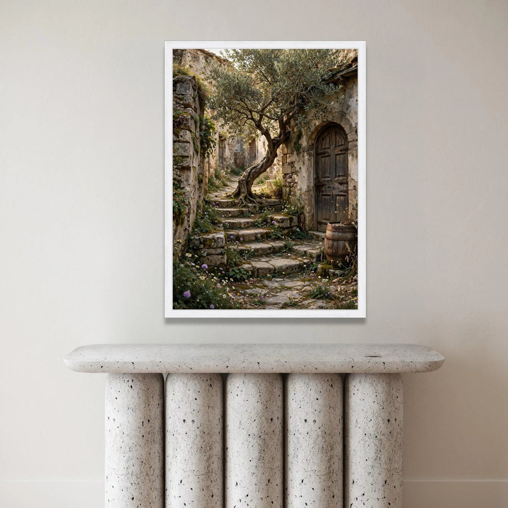 Rustic Stone Pathway with Olive Tree Canvas, Mediterranean Village Wall Art, Nature Landscape Artwork, Charming Garden Canvas Print Art