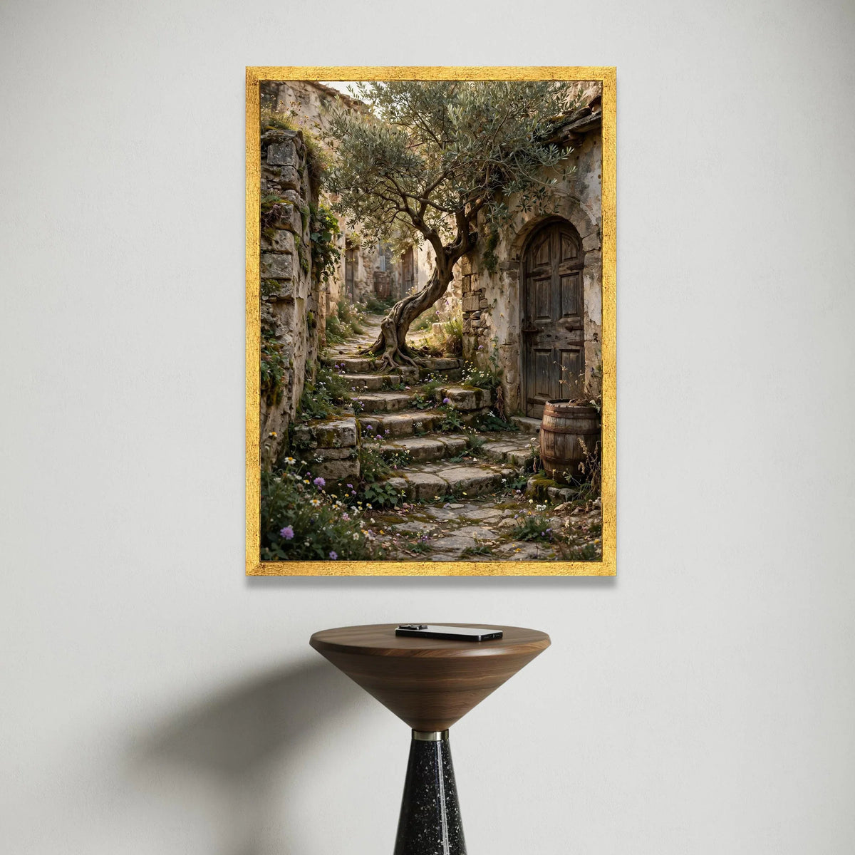 Rustic Stone Pathway with Olive Tree Canvas, Mediterranean Village Wall Art, Nature Landscape Artwork, Charming Garden Canvas Print Art