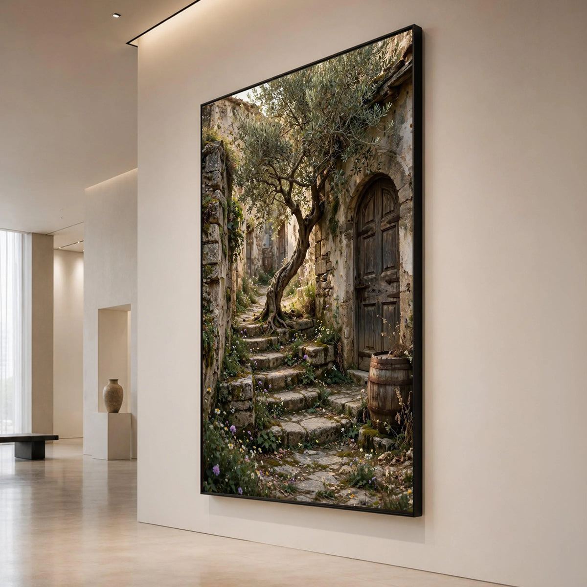 Rustic Stone Pathway with Olive Tree Canvas, Mediterranean Village Wall Art, Nature Landscape Artwork, Charming Garden Canvas Print Art