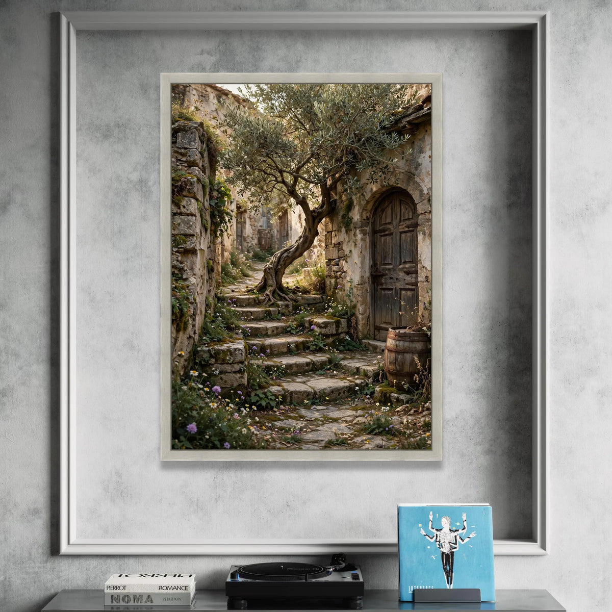 Rustic Stone Pathway with Olive Tree Canvas, Mediterranean Village Wall Art, Nature Landscape Artwork, Charming Garden Canvas Print Art