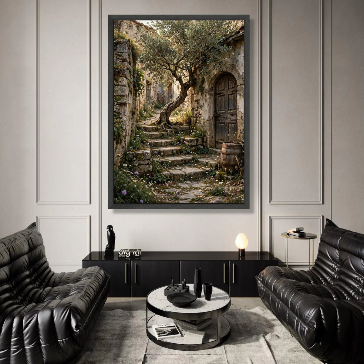 Rustic Stone Pathway with Olive Tree Canvas, Mediterranean Village Wall Art, Nature Landscape Artwork, Charming Garden Canvas Print Art