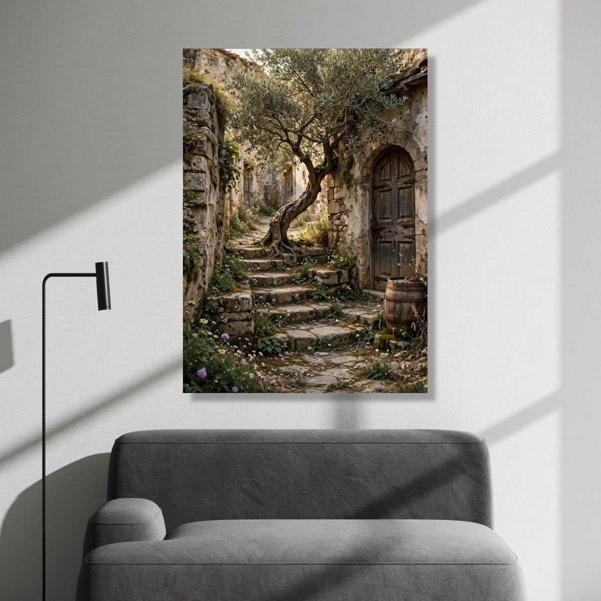 Rustic Stone Pathway with Olive Tree Canvas, Mediterranean Village Wall Art, Nature Landscape Artwork, Charming Garden Canvas Print Art