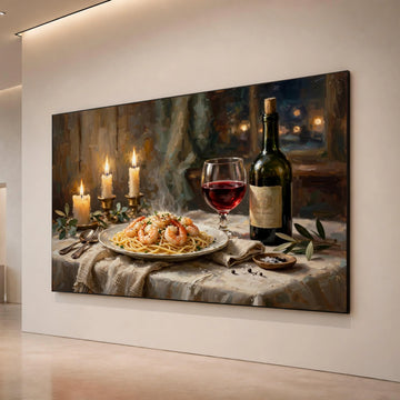 Cozy Italian Dinner Scene Canvas, Shrimp Pasta Art, Red Wine Glass Painting, Candlelight Ambiance Wall Art, Gourmet Food Canvas Print Art