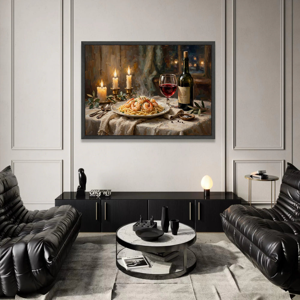 Cozy Italian Dinner Scene Canvas, Shrimp Pasta Art, Red Wine Glass Painting, Candlelight Ambiance Wall Art, Gourmet Food Canvas Print Art