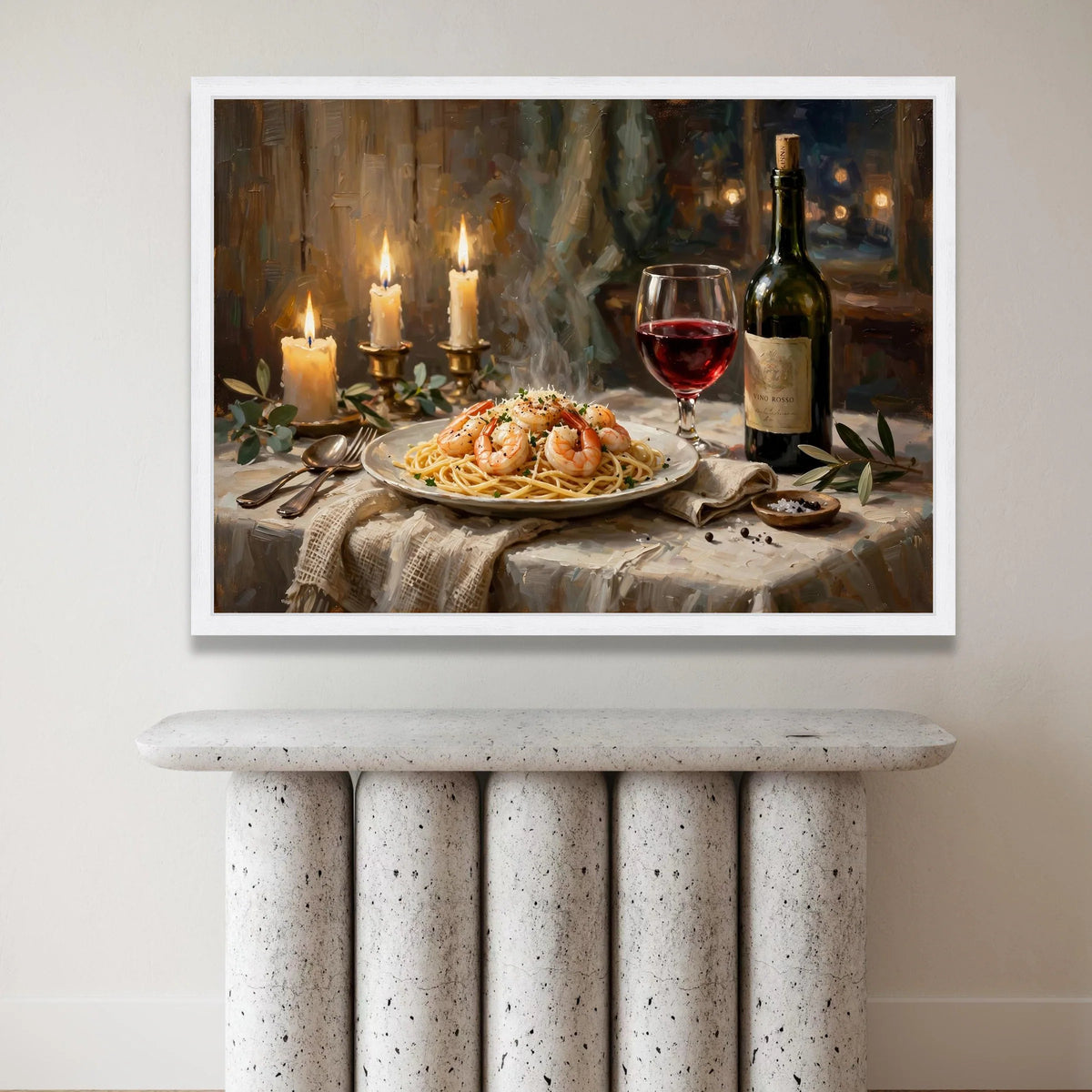 Cozy Italian Dinner Scene Canvas, Shrimp Pasta Art, Red Wine Glass Painting, Candlelight Ambiance Wall Art, Gourmet Food Canvas Print Art