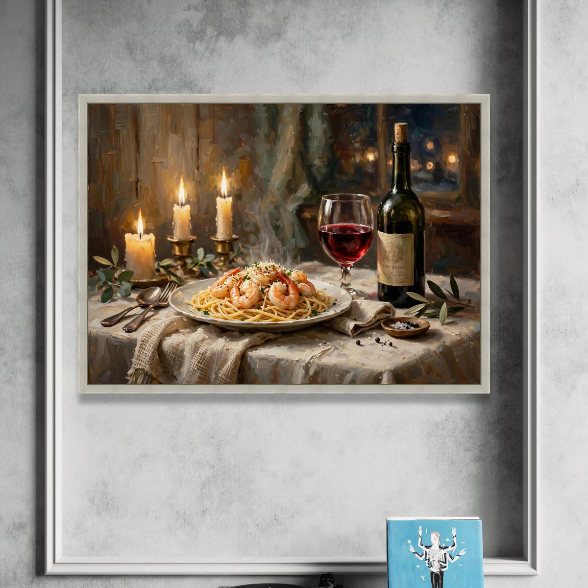 Cozy Italian Dinner Scene Canvas, Shrimp Pasta Art, Red Wine Glass Painting, Candlelight Ambiance Wall Art, Gourmet Food Canvas Print Art