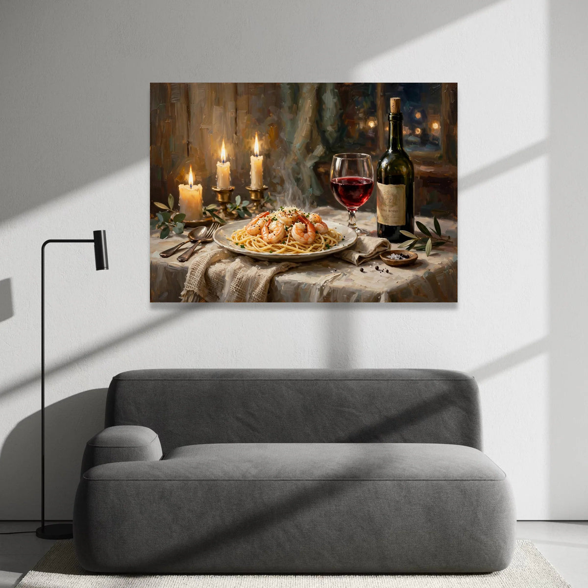 Cozy Italian Dinner Scene Canvas, Shrimp Pasta Art, Red Wine Glass Painting, Candlelight Ambiance Wall Art, Gourmet Food Canvas Print Art