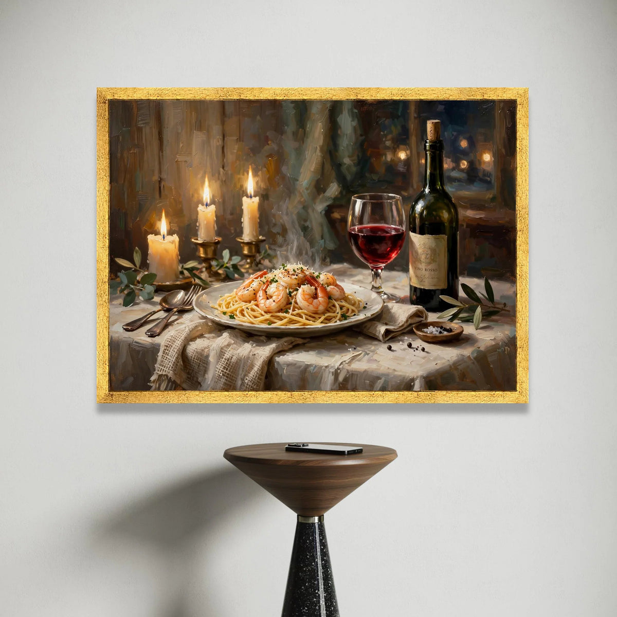 Cozy Italian Dinner Scene Canvas, Shrimp Pasta Art, Red Wine Glass Painting, Candlelight Ambiance Wall Art, Gourmet Food Canvas Print Art