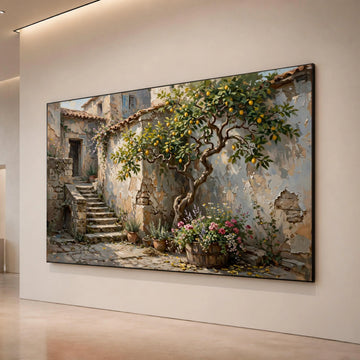 Sunlit Mediterranean Courtyard, Lemon Tree Canvas Wall Art, Rustic Stone Steps, Blooming Flower Pots, Charming Outdoor Canvas Print Art