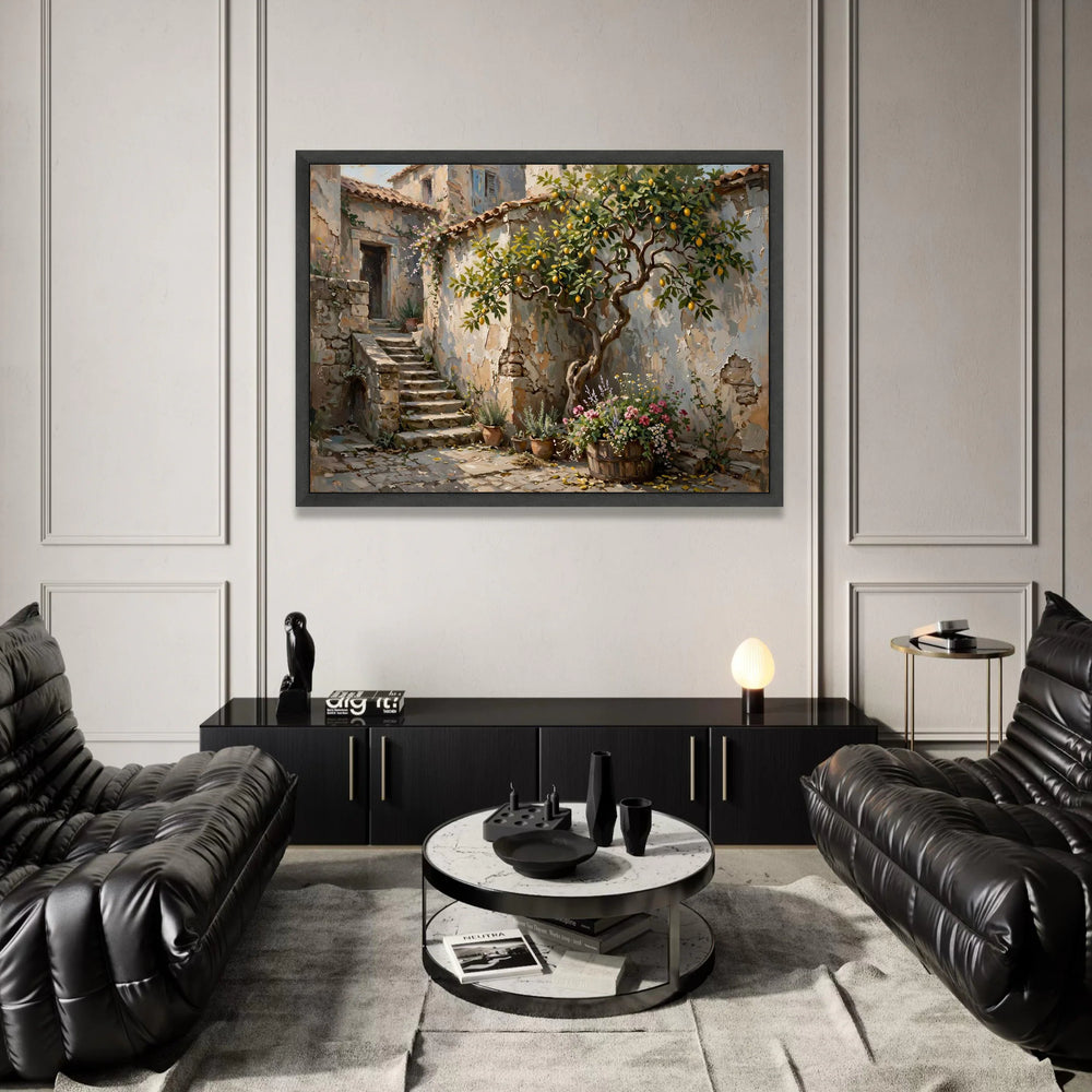 Sunlit Mediterranean Courtyard, Lemon Tree Canvas Wall Art, Rustic Stone Steps, Blooming Flower Pots, Charming Outdoor Canvas Print Art