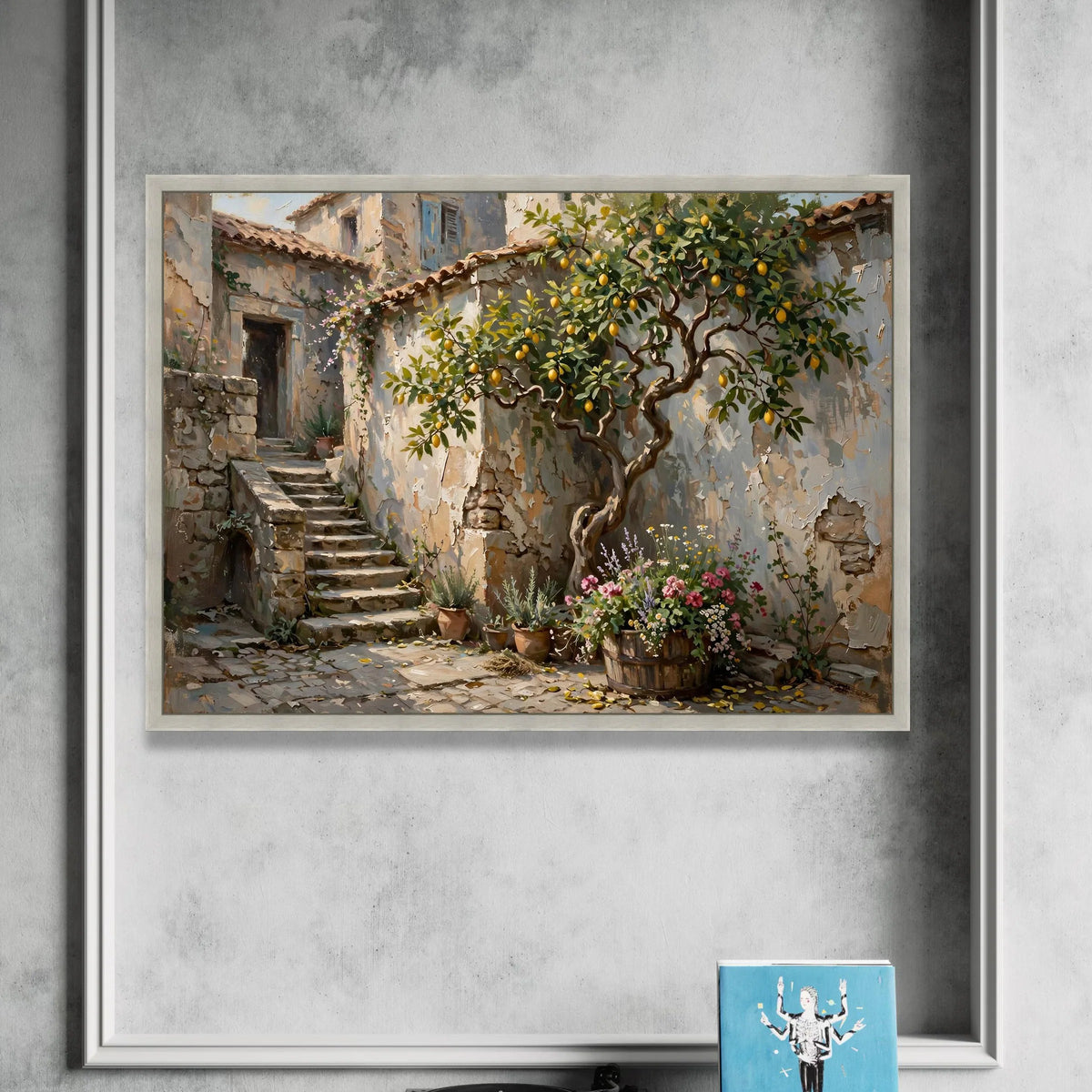Sunlit Mediterranean Courtyard, Lemon Tree Canvas Wall Art, Rustic Stone Steps, Blooming Flower Pots, Charming Outdoor Canvas Print Art