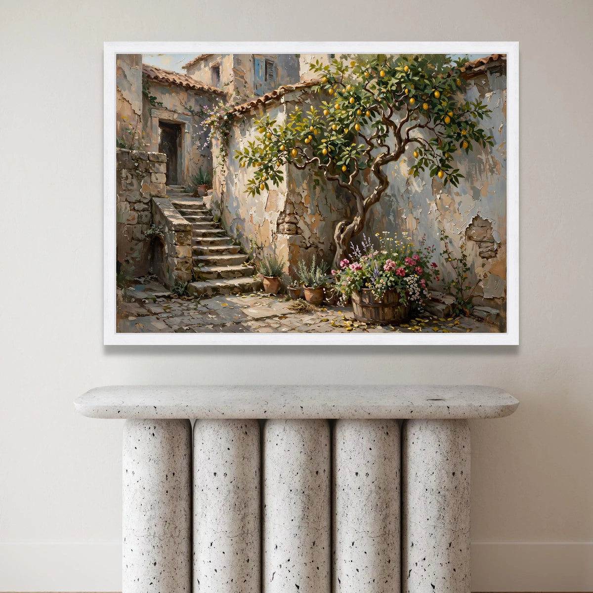Sunlit Mediterranean Courtyard, Lemon Tree Canvas Wall Art, Rustic Stone Steps, Blooming Flower Pots, Charming Outdoor Canvas Print Art