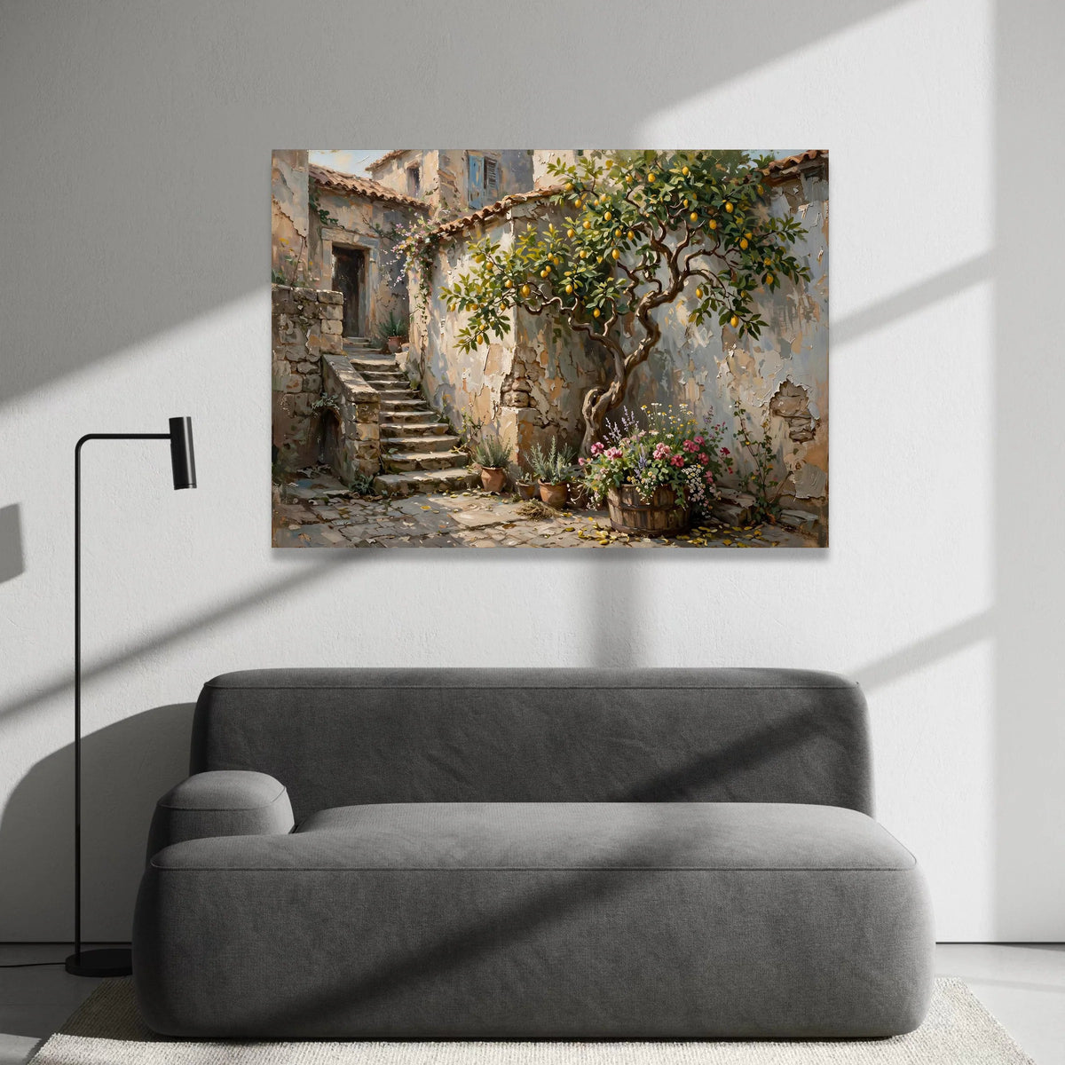 Sunlit Mediterranean Courtyard, Lemon Tree Canvas Wall Art, Rustic Stone Steps, Blooming Flower Pots, Charming Outdoor Canvas Print Art