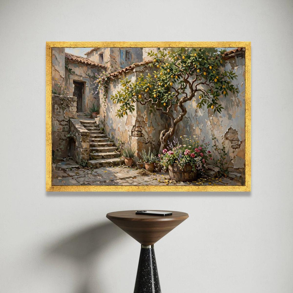 Sunlit Mediterranean Courtyard, Lemon Tree Canvas Wall Art, Rustic Stone Steps, Blooming Flower Pots, Charming Outdoor Canvas Print Art