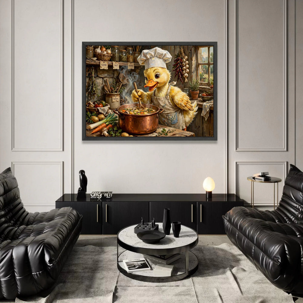 Cute Duck Chef Cooking Soup Canvas, Kitchen Wall Art, Whimsical Animal Canvas, Rustic Home Decor, Cooking Scene Painting Canvas Print Art