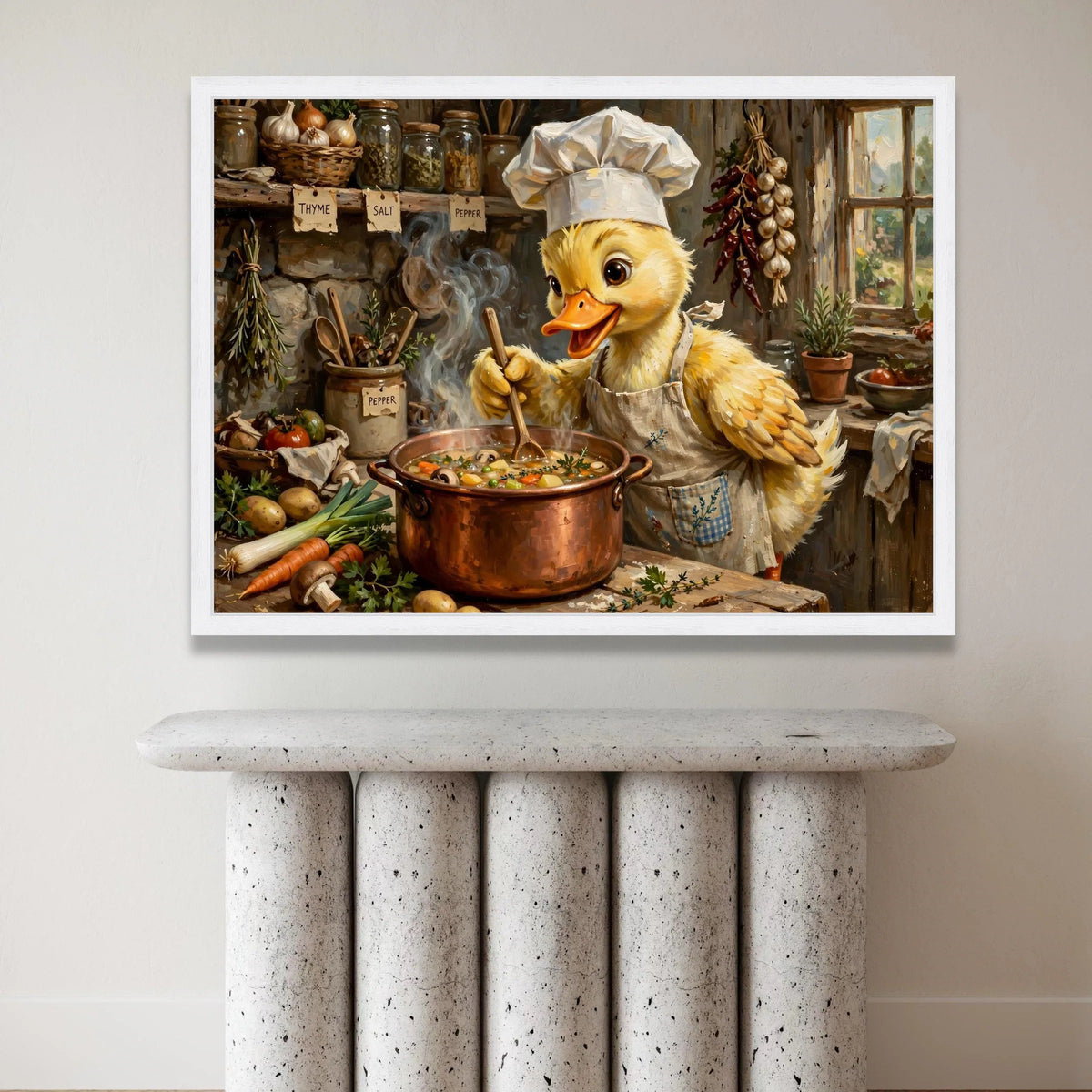 Cute Duck Chef Cooking Soup Canvas, Kitchen Wall Art, Whimsical Animal Canvas, Rustic Home Decor, Cooking Scene Painting Canvas Print Art