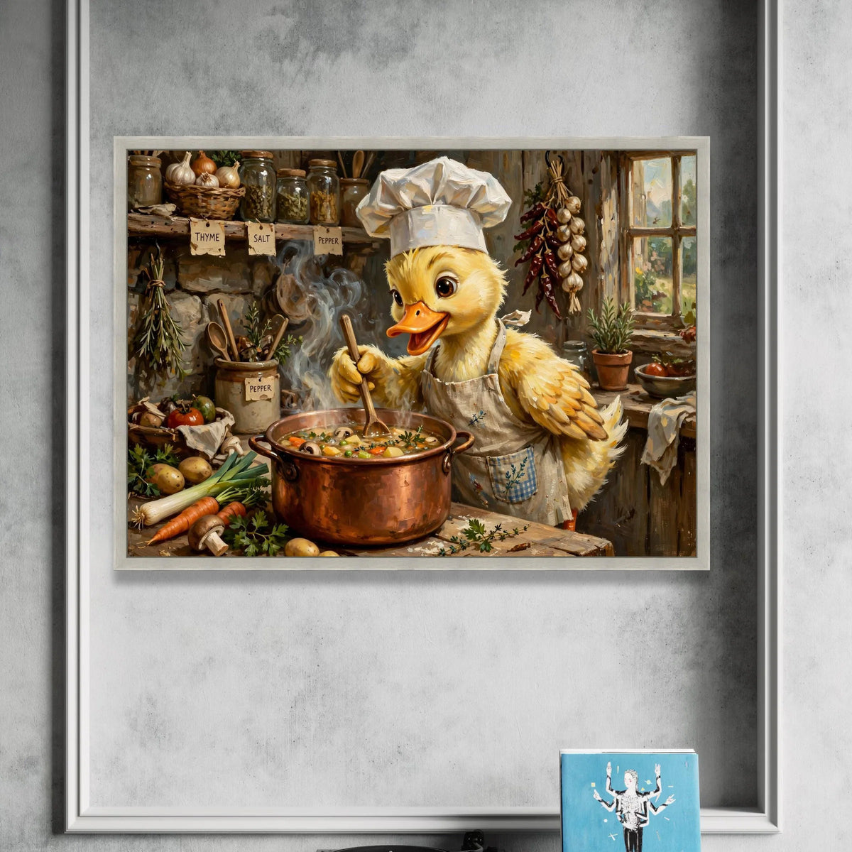Cute Duck Chef Cooking Soup Canvas, Kitchen Wall Art, Whimsical Animal Canvas, Rustic Home Decor, Cooking Scene Painting Canvas Print Art