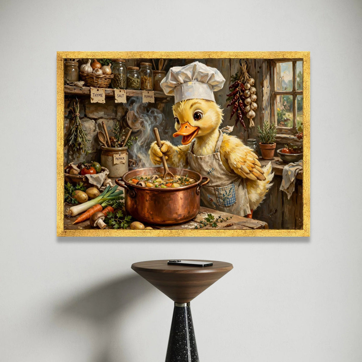 Cute Duck Chef Cooking Soup Canvas, Kitchen Wall Art, Whimsical Animal Canvas, Rustic Home Decor, Cooking Scene Painting Canvas Print Art