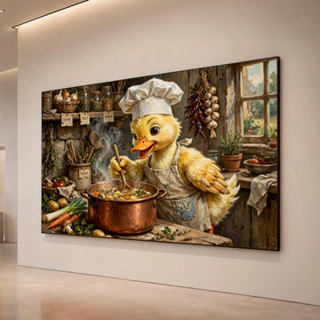 Cute Duck Chef Cooking Soup Canvas, Kitchen Wall Art, Whimsical Animal Canvas, Rustic Home Decor, Cooking Scene Painting Canvas Print Art